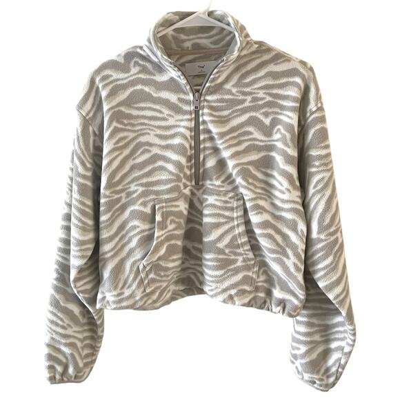 TNA Womens Animal Print Cropped Long Sleeve Fleece Jacket Gray White Small - Picture 1 of 8